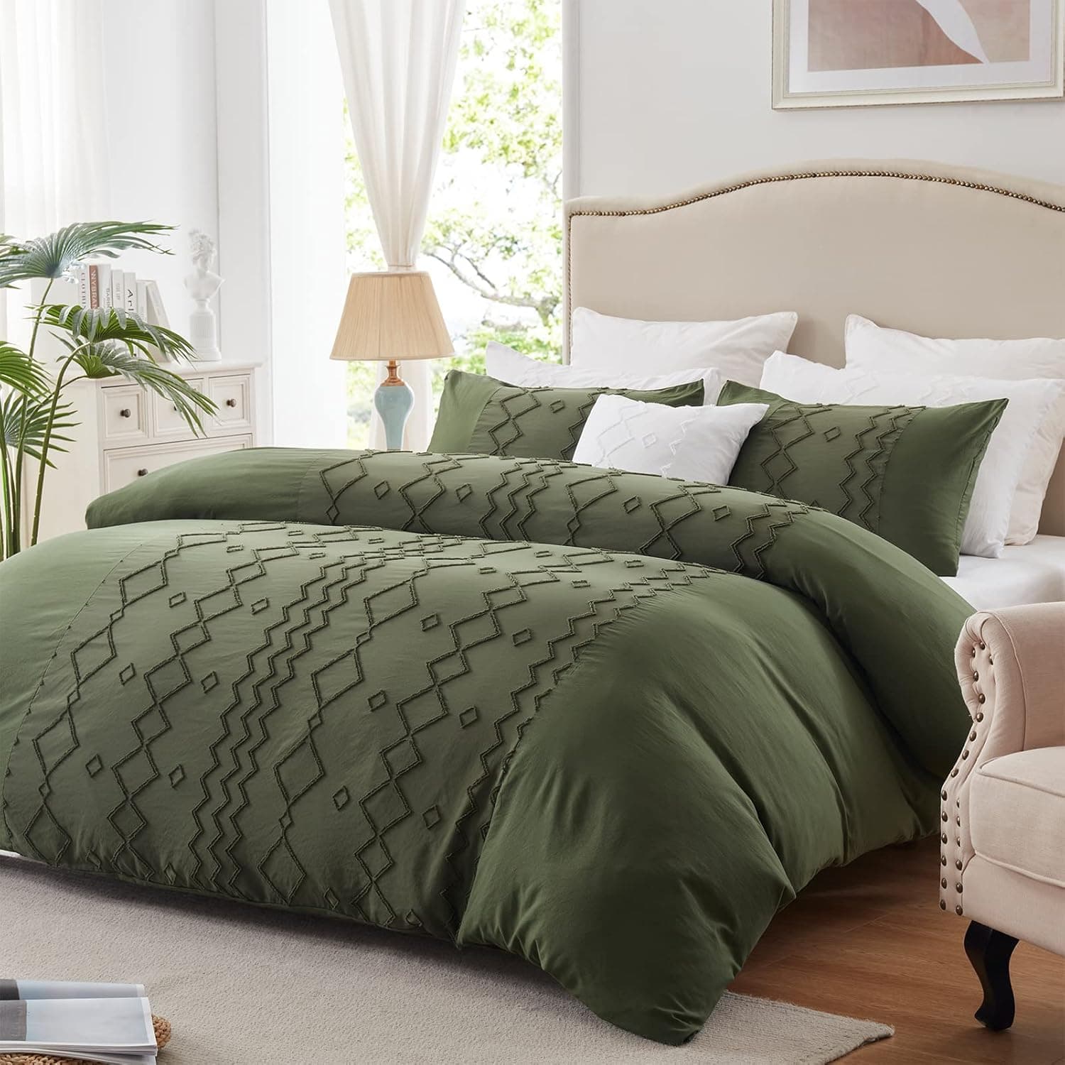 LEAONME Twin Duvet Cover-66 x90, Lightweight Olive Green Duvet Cover Set 2 Pieces with Zipper Closure and Corner Ties, Soft Washed Microfiber Shabby Diamond Bedding Duvet Covers for All Seasons