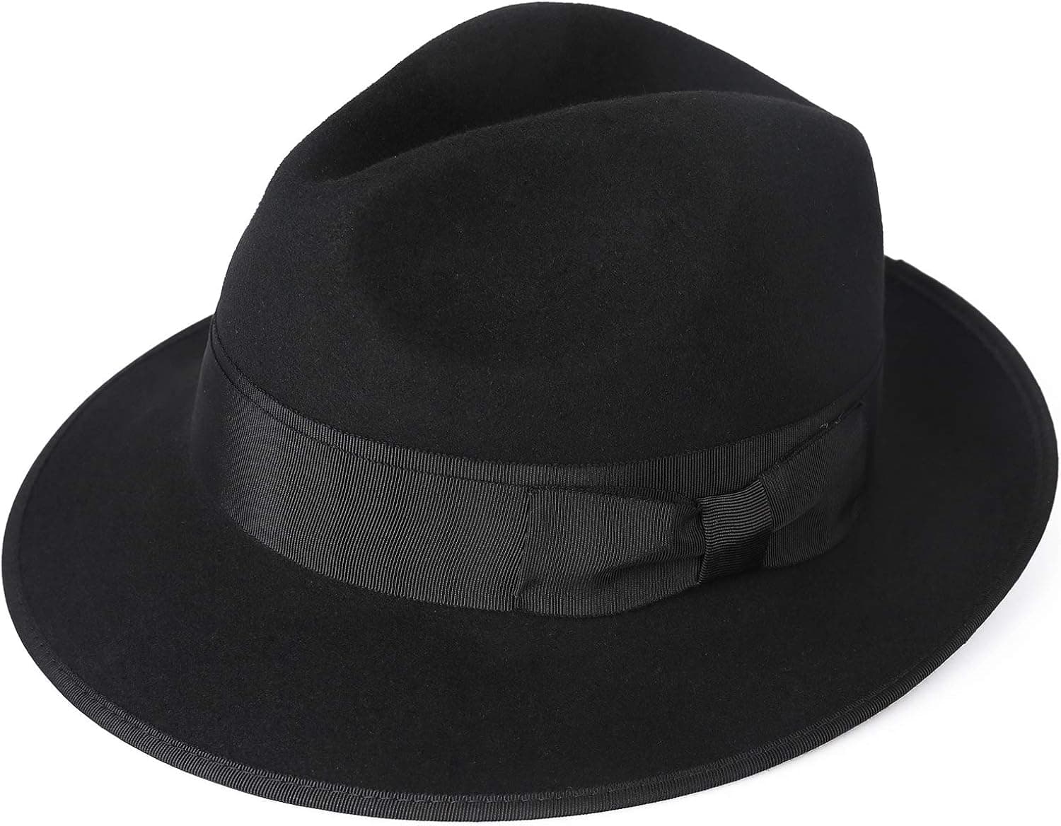JANETSHATS Men's Dress Wool Felt Fedora Hat Roll up Brim Gangster Bow Belt Hats