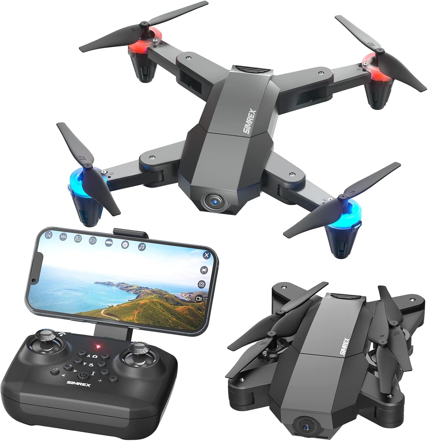 SIMREX X500 mini Drone Optical Flow Positioning RC Quadcopter with 720P HD Camera, Altitude Hold Headless Mode, Foldable FPV Drones WiFi Live Video 3D Flips Easy Fly Steady for Learning Dark Black