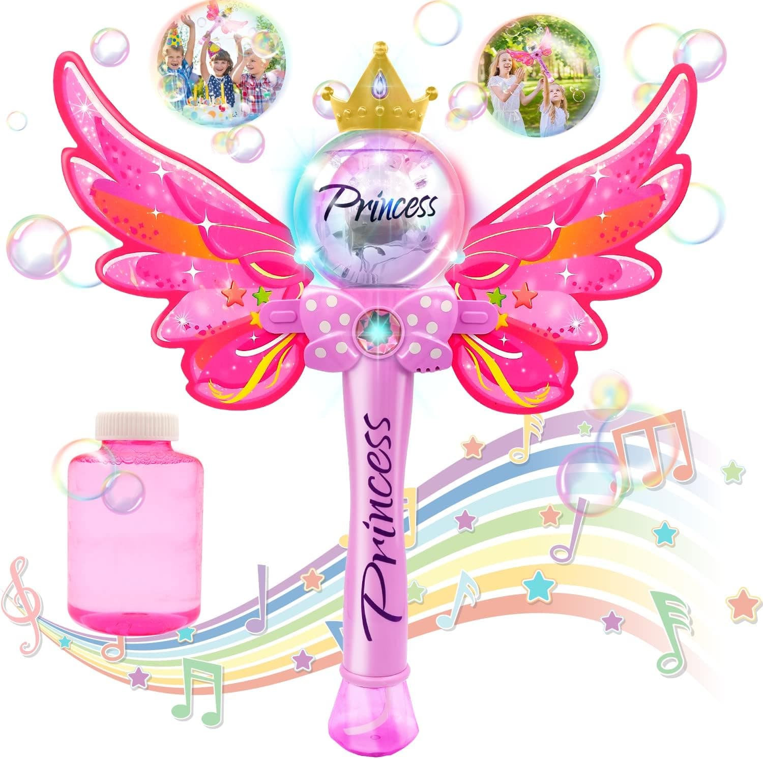 Bubble Machine for Kids, Automatic Toys for Girls Princess Bubble Wand Bubble Blower with 1 Bottles Bubble Refill Solution, Musical & Light Up Bubble Maker for 2 3 4 5 6 7 Year Old Toddler Girl Toys