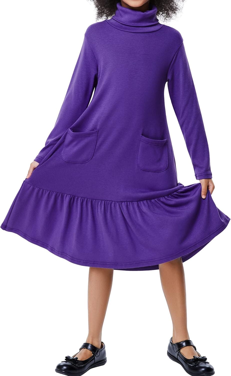 LIONJIE Girls Long Sleeve Dress High Neck Ruffle Tiered Hem A-Line Fitted Over Knee Midi Dress with Pockets 4-13Y