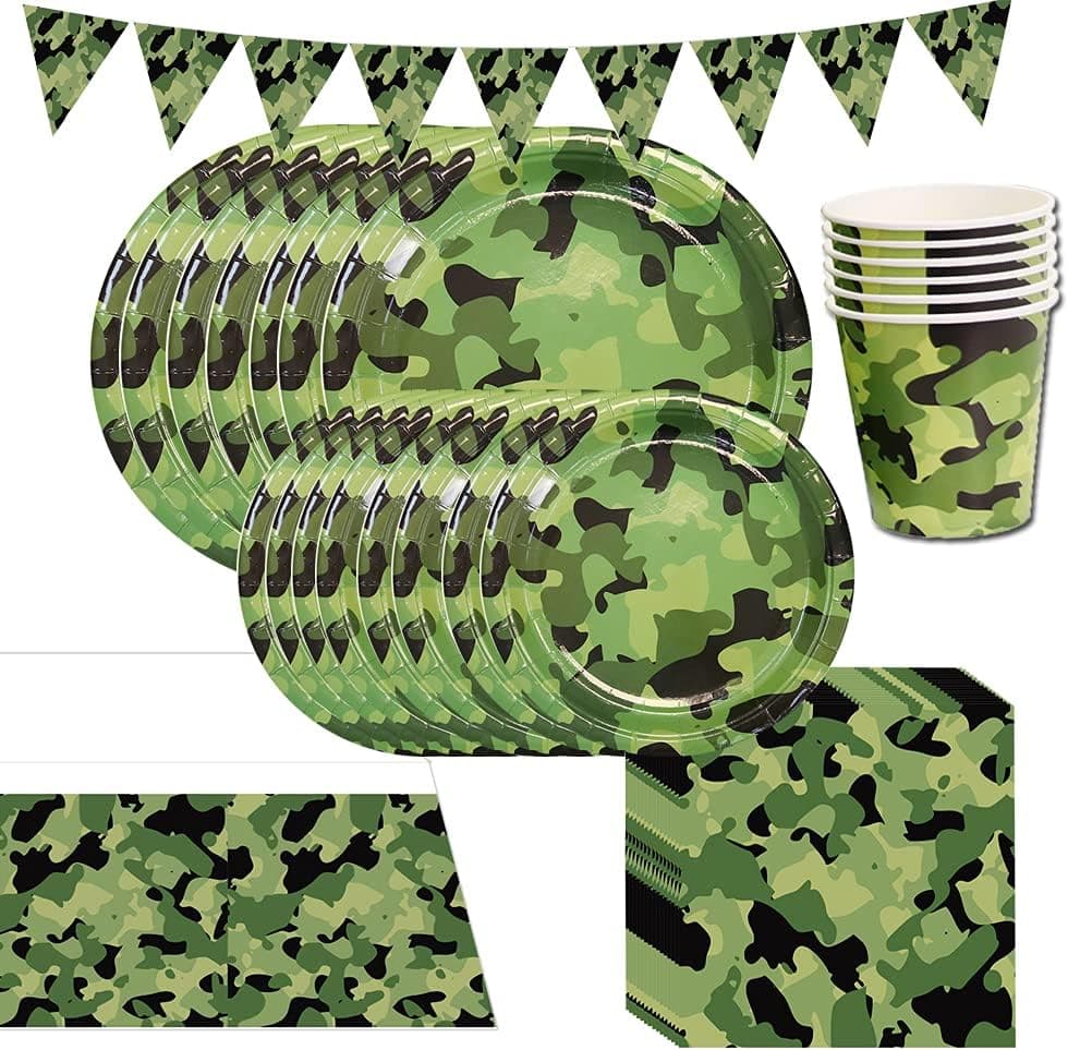 AGAINZHQ Camouflage Party Supplies Set 66PCS Camouflage Party Tableware with Camo Plates Cups Napkins Tablecloth Banner for Army Hunting Themed Party Decorations, 16 Guests