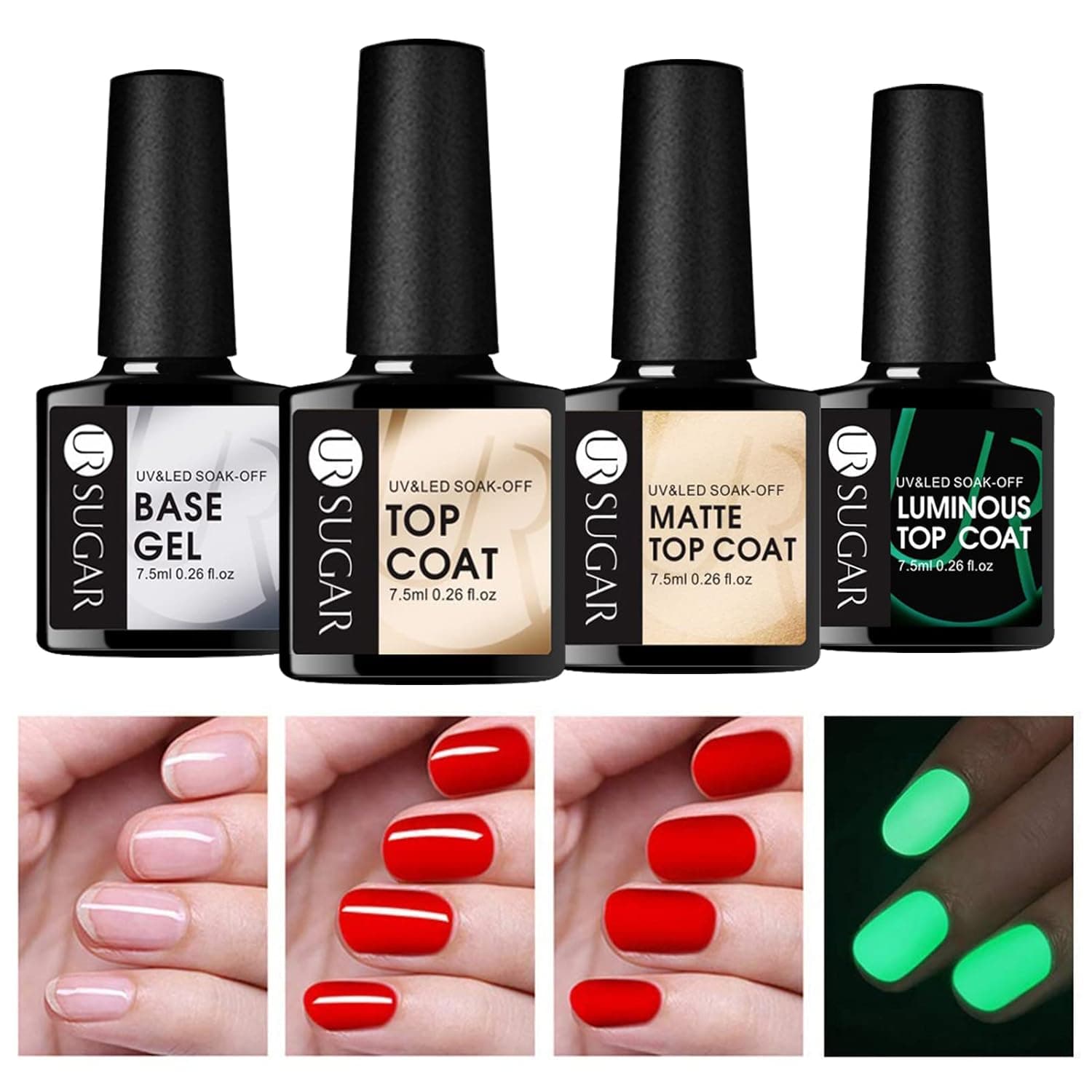 UR SUGAR No Wipe Base and Top Coat, 4 Pcs Glow in The Dark Matte Glossy Shine Finish Gel Base Top Coat Kit Long Lasting Soak Off LED Gel Nail Polish For Home DIY and Nail Salon