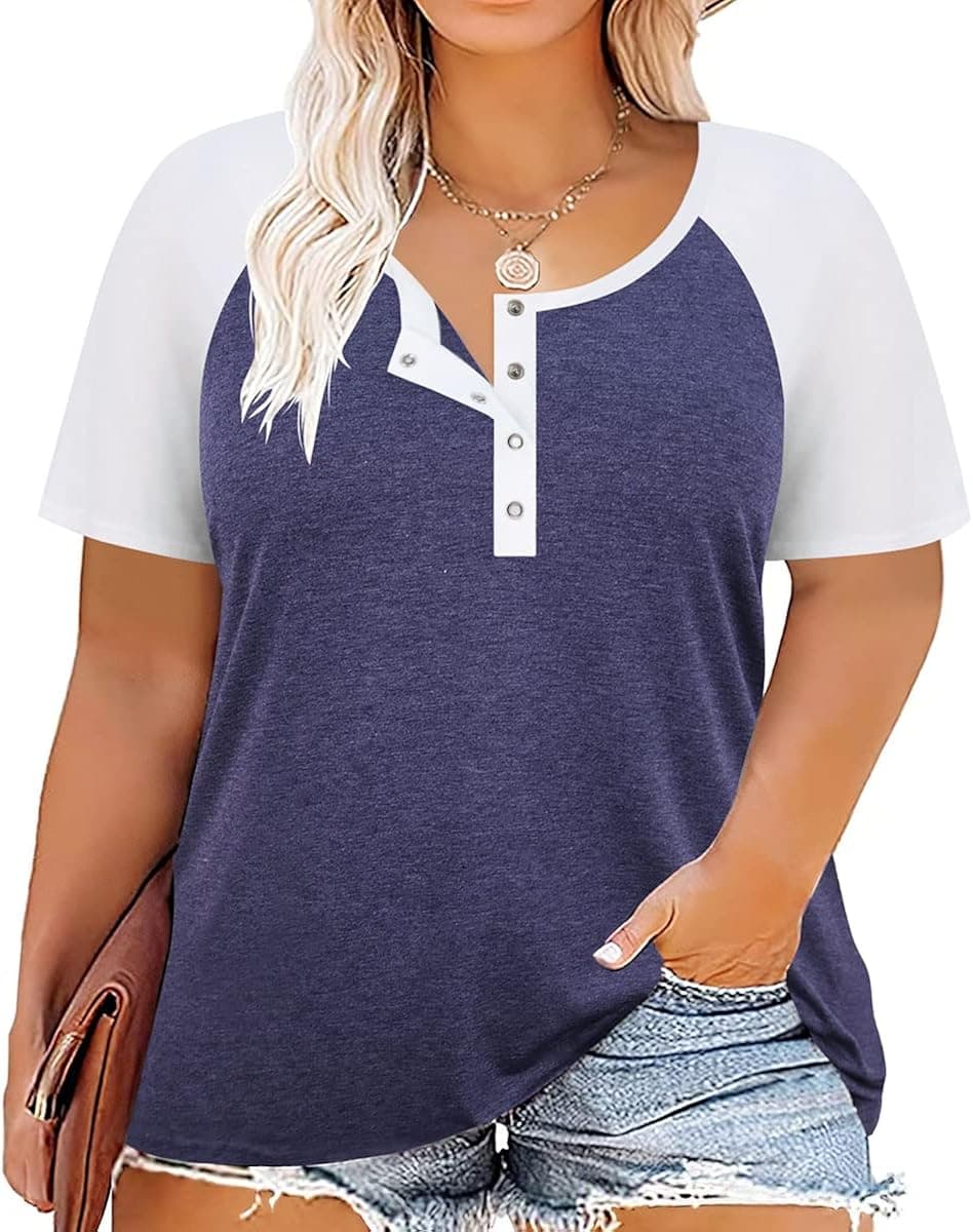 TIYOMI Plus Size Tops for Women Summer Button Short Sleeve Shirts Ruffle Blouse Tunics (XL-5XL)