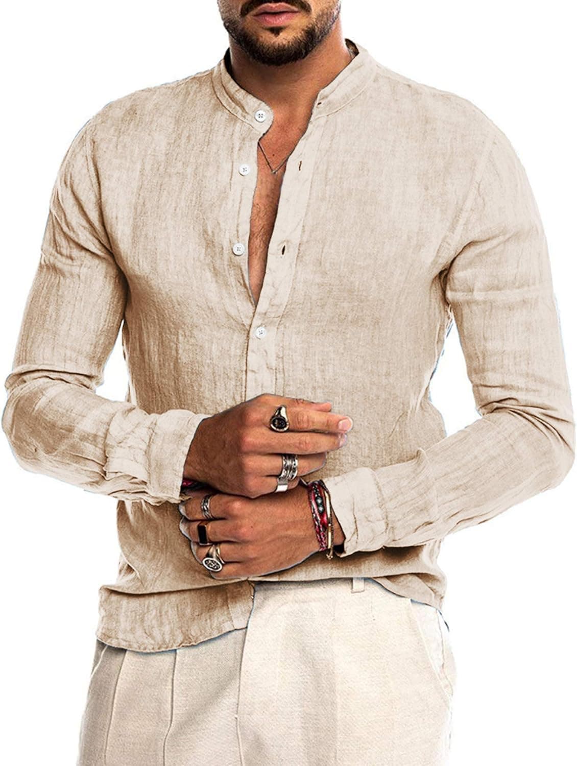 AUDATE Mens Cotton Linen Shirt Casual Long Sleeve Henley Shirt Solid Tops