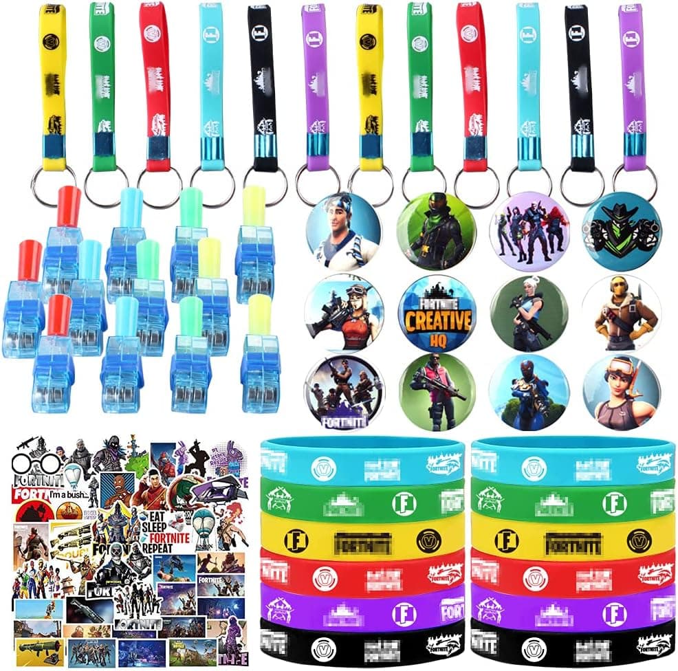 Pobolxel, 98 Pcs Game Party Favor Supplies Set Include Bracelets, Key Chain, Button Pins, Stickers for Video Game Fans