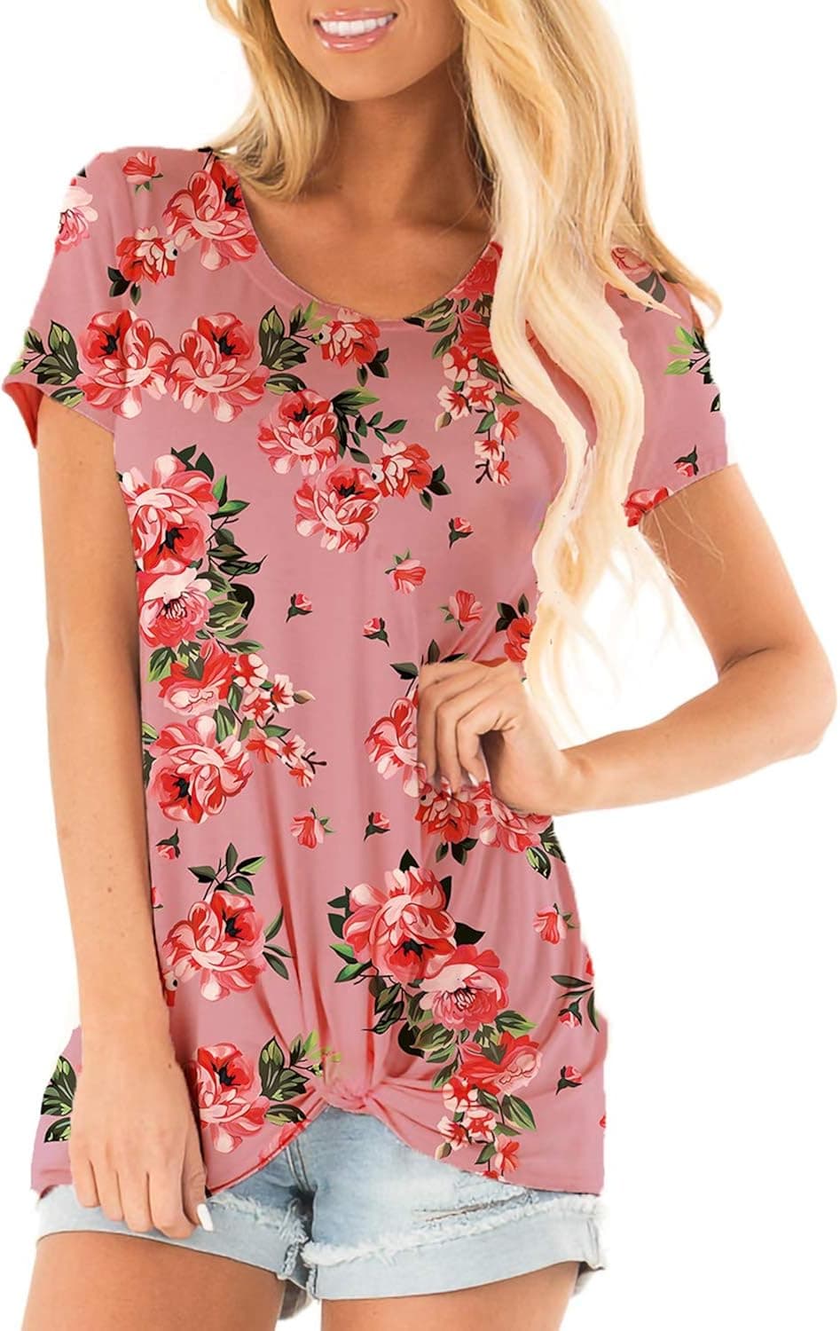 Women Short Sleeve Summer Floral T Shirts Casual Round Neck S