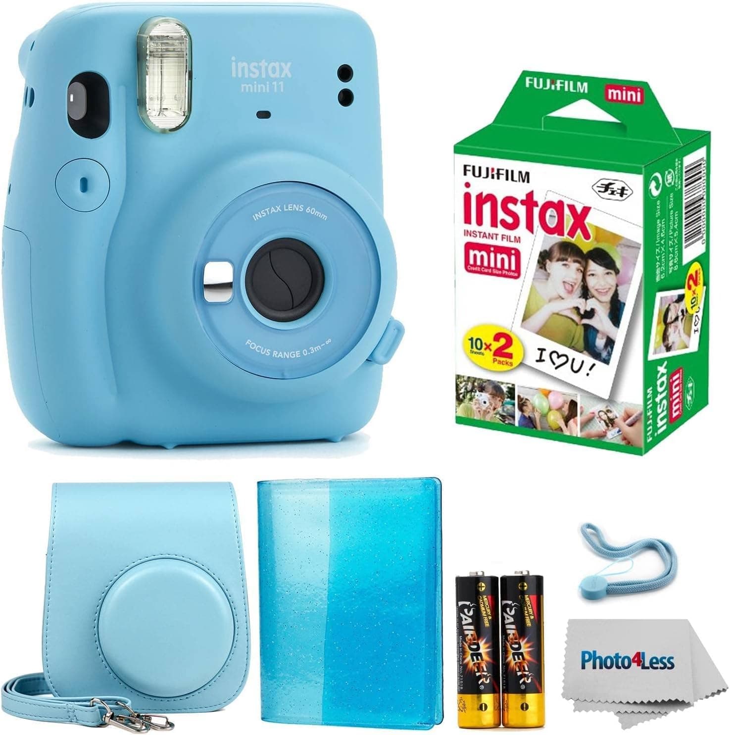 Fujifilm Instax Mini 11 Instant Camera Sky Blue | Instax Mini Twin Pack Film | Glitter Photo Album Holds 64 Photos | Groovy Case | Cloth