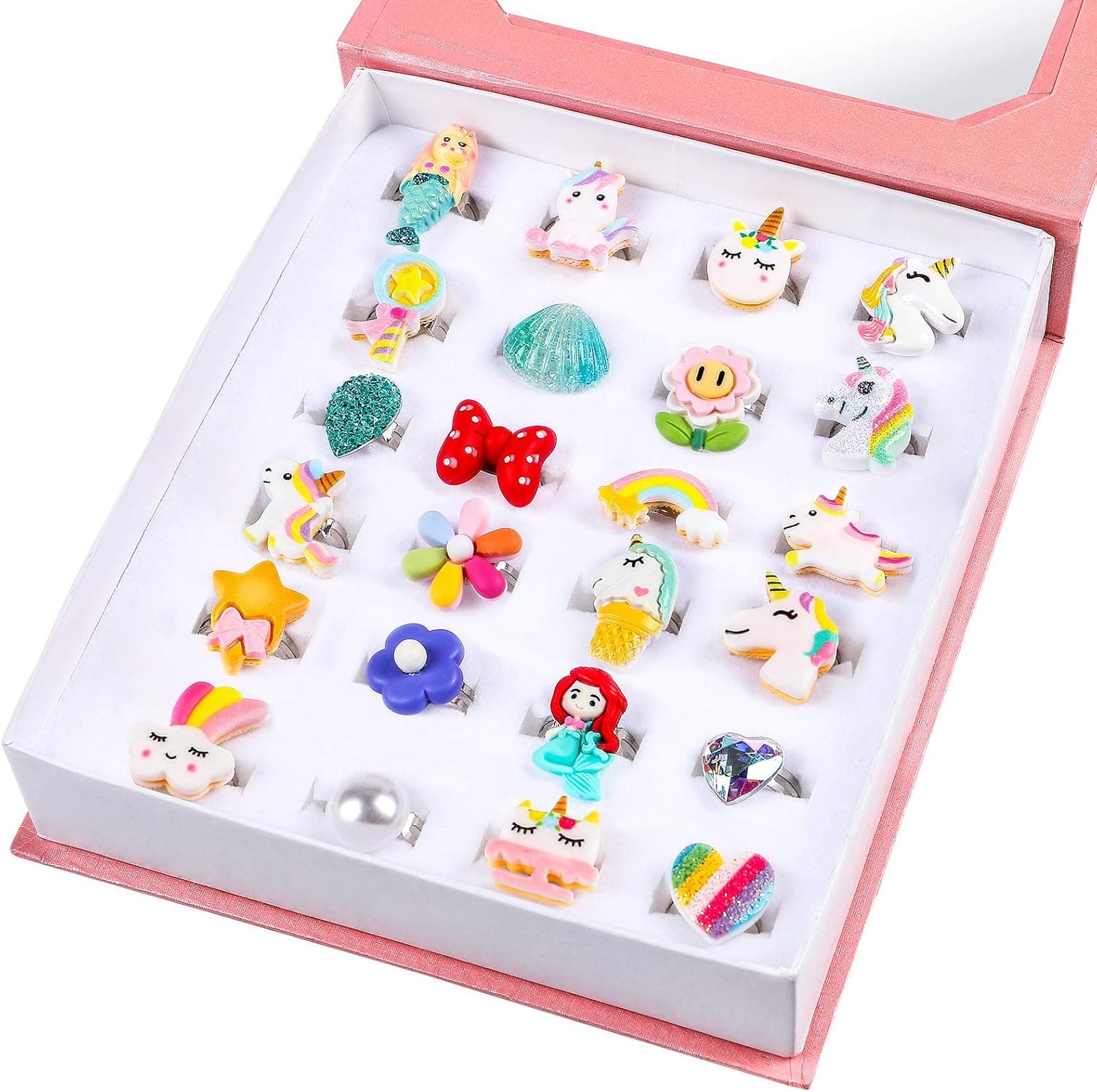 Lorfancy Girls Kids Jewelry Rings 24 pcs Little Toddler Girl Costume Princess Dress up Party Favors Girls Toys (J)