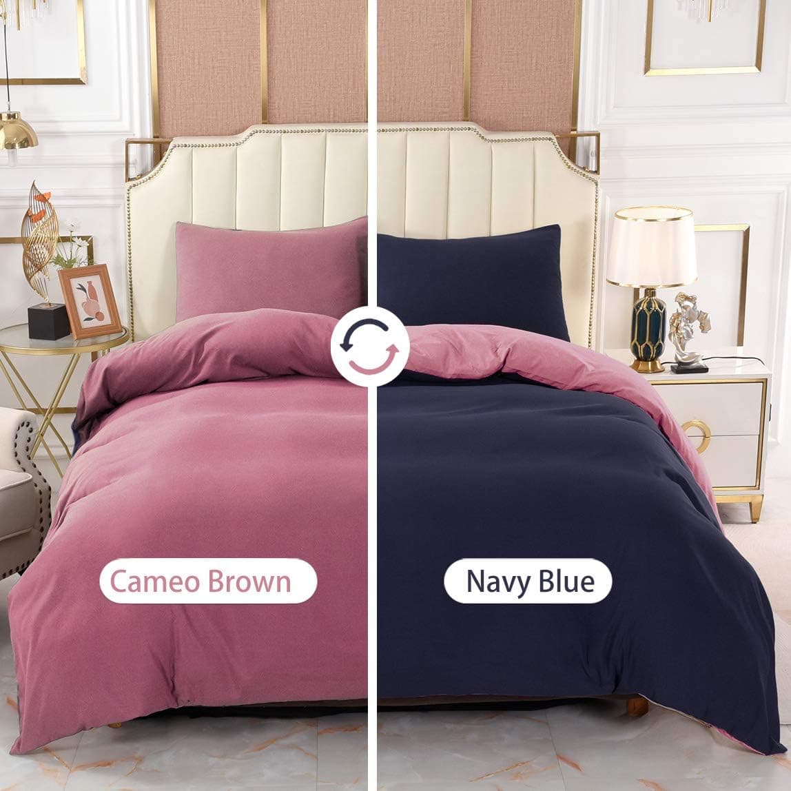 Wellsure Queen Duvet Cover (Navy Blue and Cameo Brown) 3 pcs Bedding Set Duvet Cover and 2 Pillow Shams Double Color