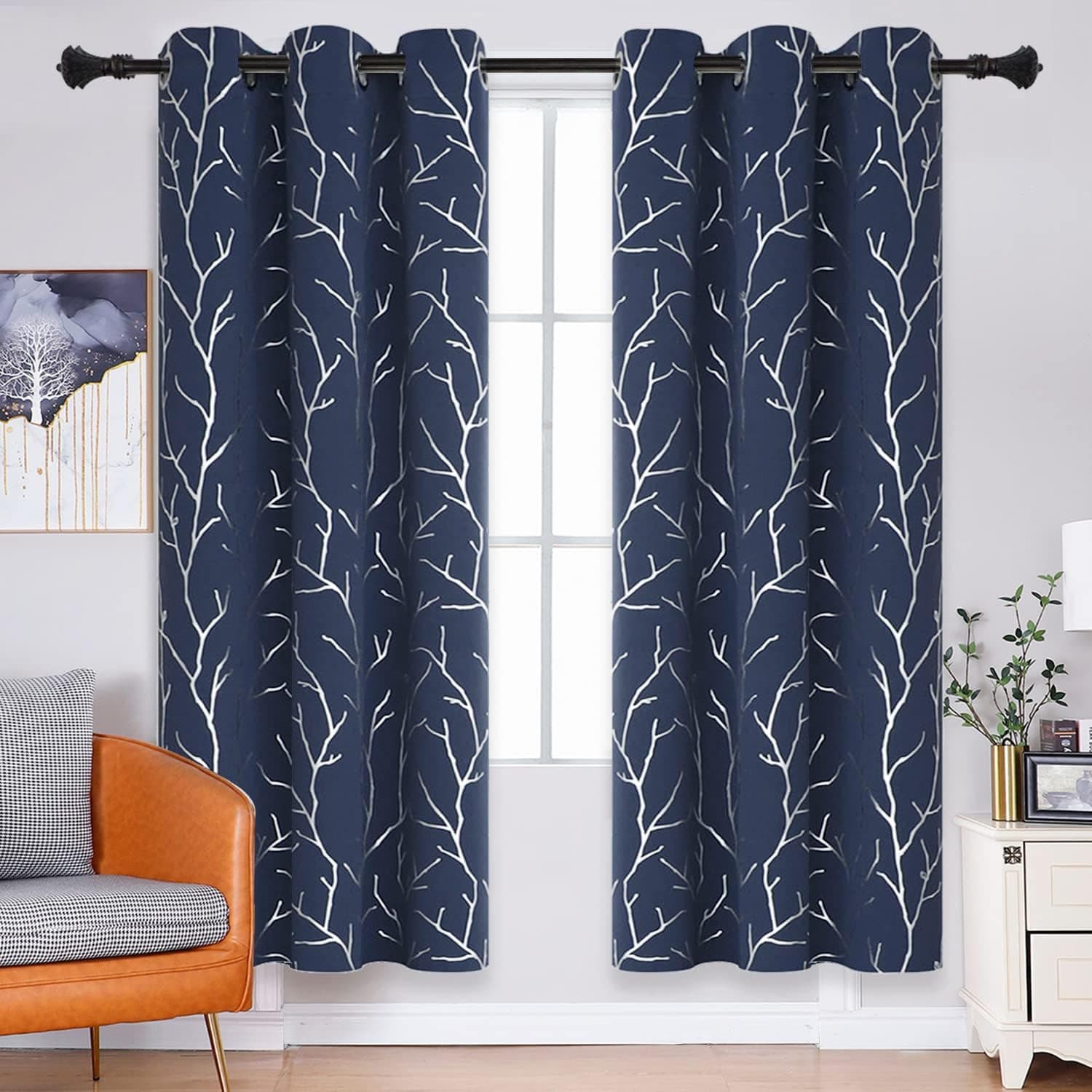 BUHUA Thermal Insulated Curtains Blackout Grommet Thermal Insulated Shinny Tree Branches Print Curtain for Bedroom, Navy Blue, 38W x 63L, Set of 2 Panels