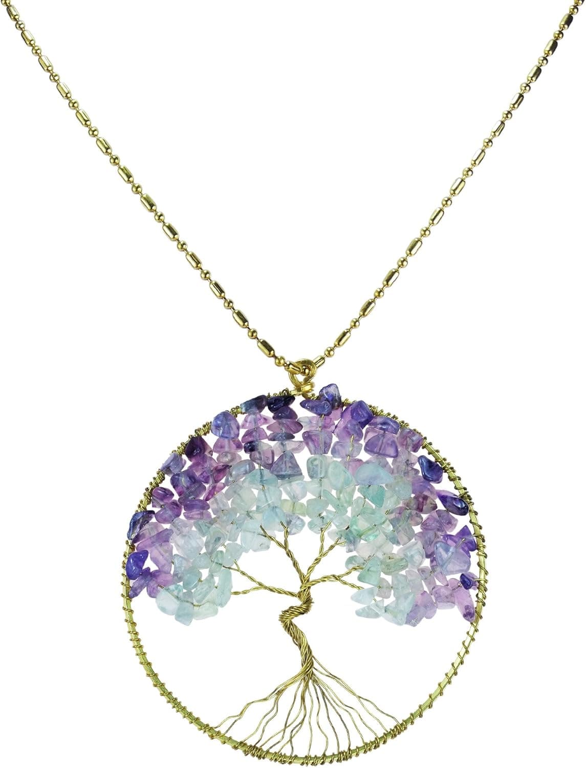 AeraVida Purple Fluorite Green Quartz Stone Eternal Tree of Life Brass Necklace