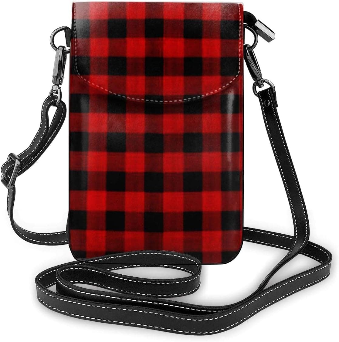 YongColer Fashionable Red Black Buffalo Check Plaid Pattern Cell Phone Small Shoulders Bag Crossbody Pouch Smartphone Outdoor Pack for Travel Work Shopping Walking