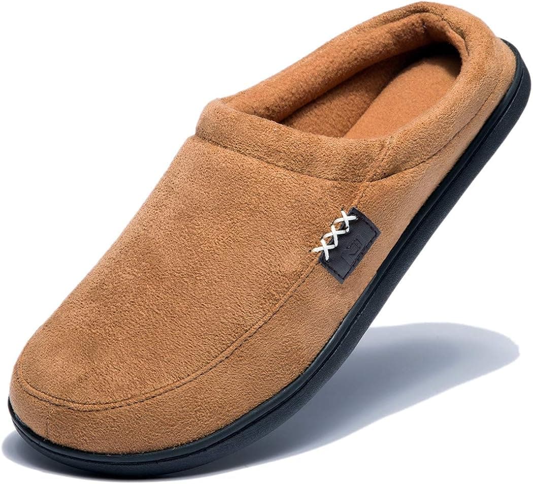 NDB Men's Cozy Memory Foam Suede Slippers Slip on Indoor Outdoor Clog House Shoes (13-14 D(M) US, Brown)