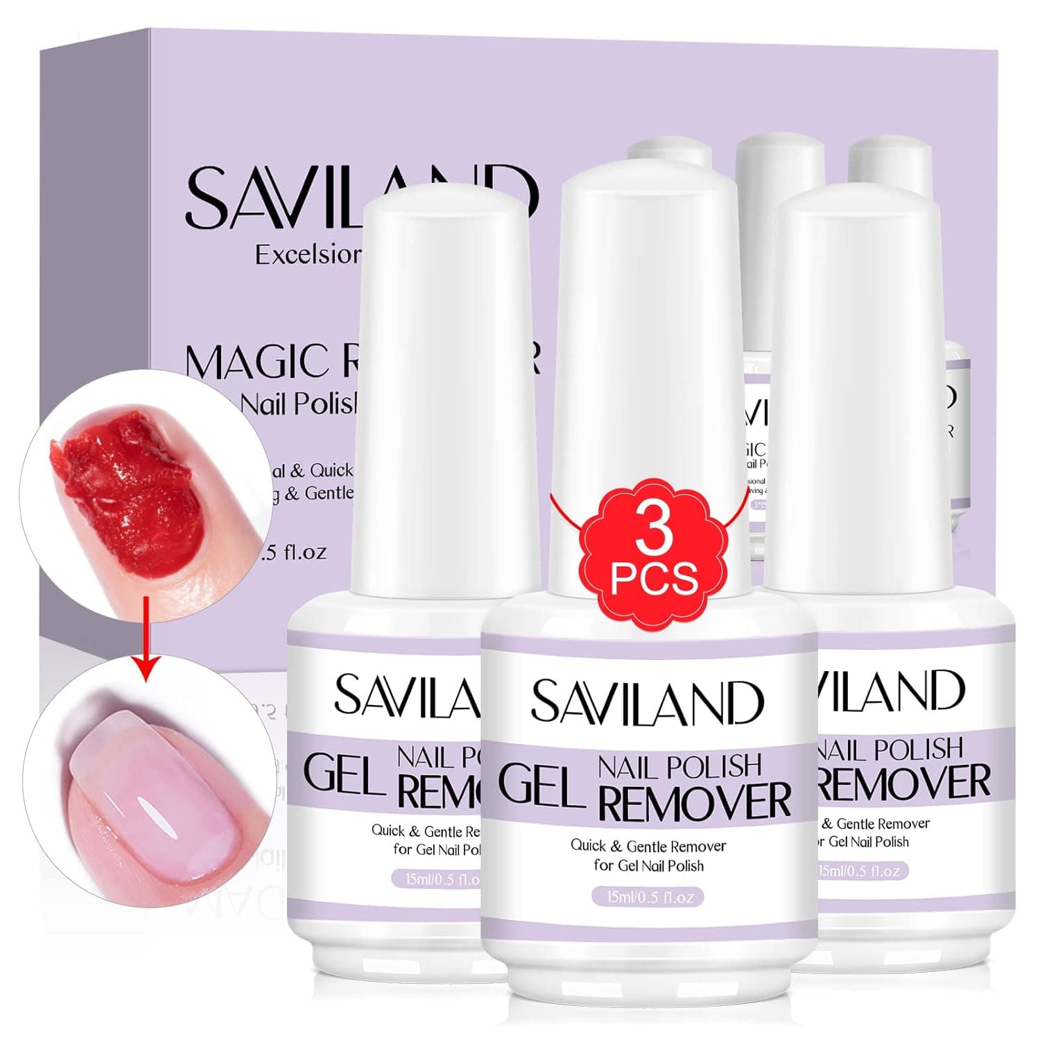 Saviland (3 PACK) Gel Nail Polish Remover, Professional Gel Nail Polish Remover Within 3-6 Minutes - Quick & Easy - No Need For Foil, Soaking Or Wrapping