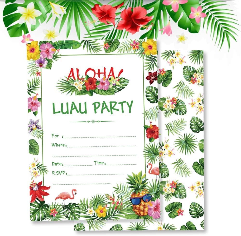 Hawaiian Luau Summer Swim Pool Party Invitations, Tropical Flowers Pineapple Aloha Luau Party Invitations for Kids & Adults, Summertime Birthday Cookout Invitation Cards, Family Reunion BBQ Invites