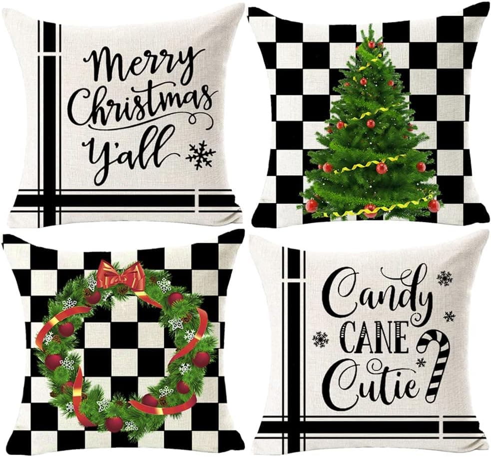 ITFRO Set of 4 Christmas Throw Pillow Covers Merry Christmas Y‘All Candy Cane Cutie Tree Wreath Checkerboard Square Cotton Linen Cushion Case Farmhouse Sofa Home Decor 18 Inches (Black)