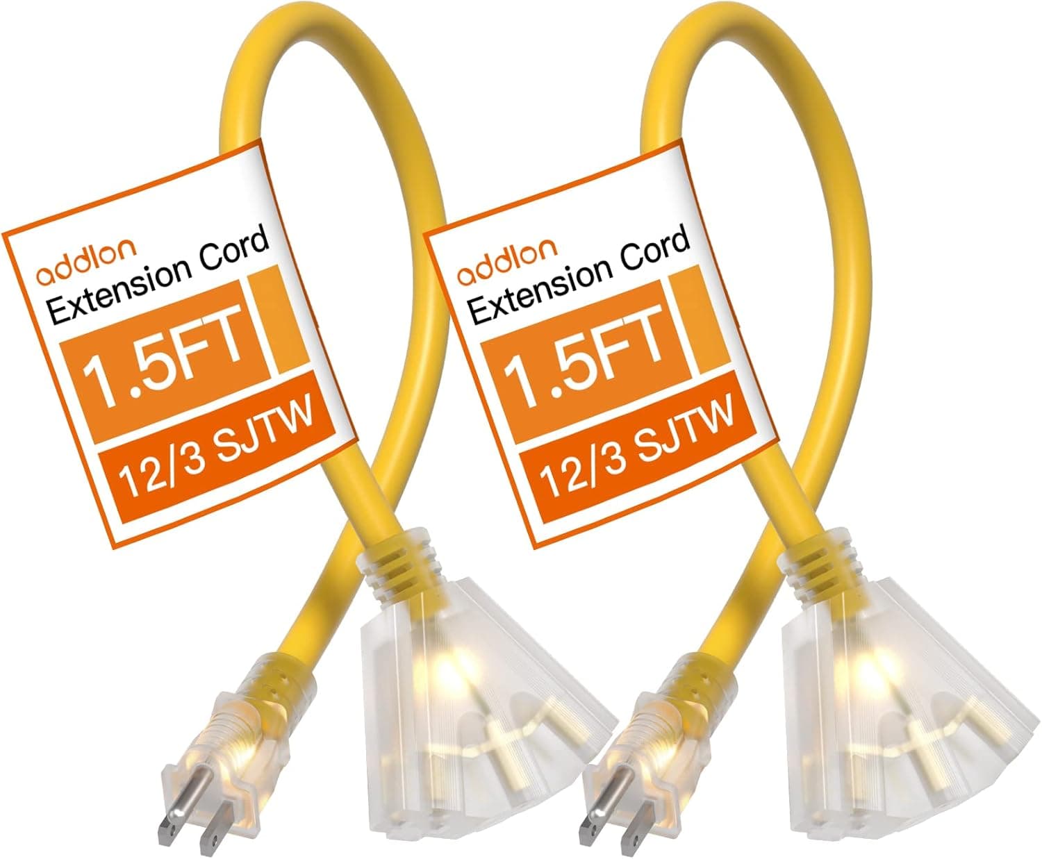 2 Pack 1.5 Feet Outdoor Extension Cord Splitter 12AWG with 3 Outlet SJTW Waterproof Yellow 3 Prong, Heavy Duty Flexible Power Cable for Garden Home or Office Use Indicator Light ETL Listed