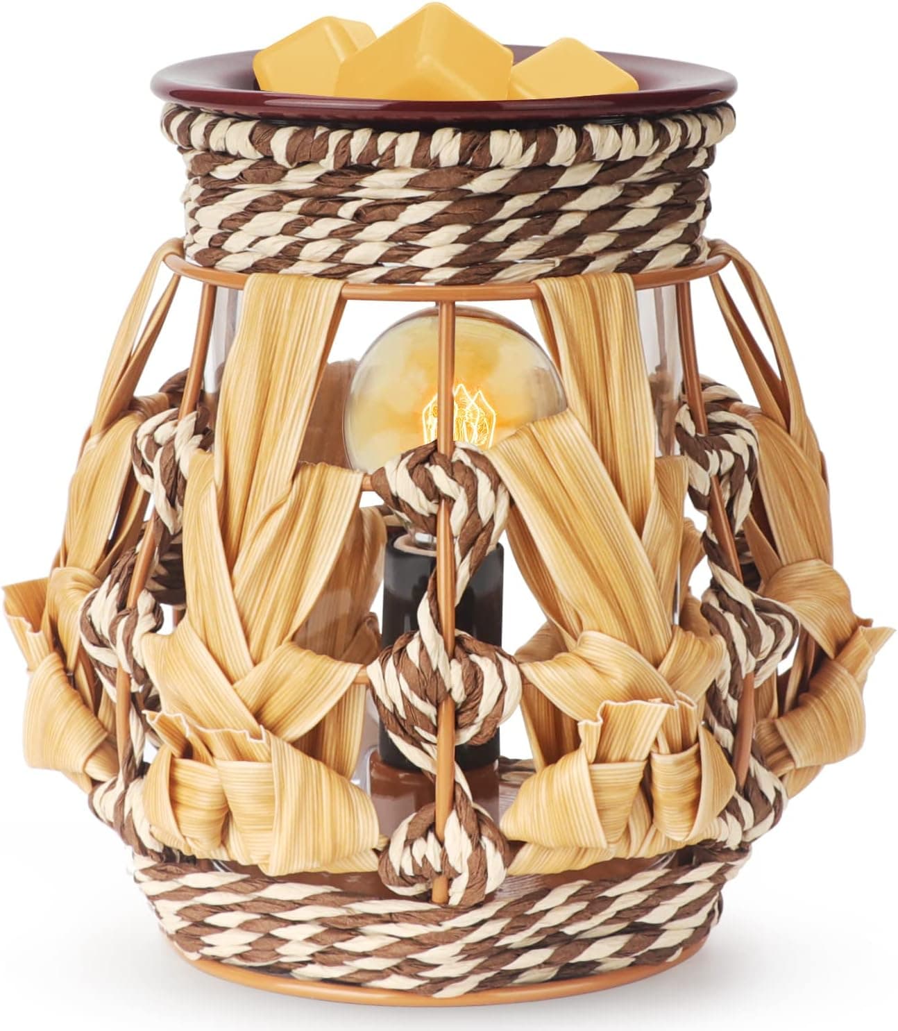 bloomair Woven Rattan Electric Wax Melt Warmer, Metal Wax Warmer for Scented Wax, Rustic Wax Melter Oil Burner, Candle Warmer with 25W Edison Bulb