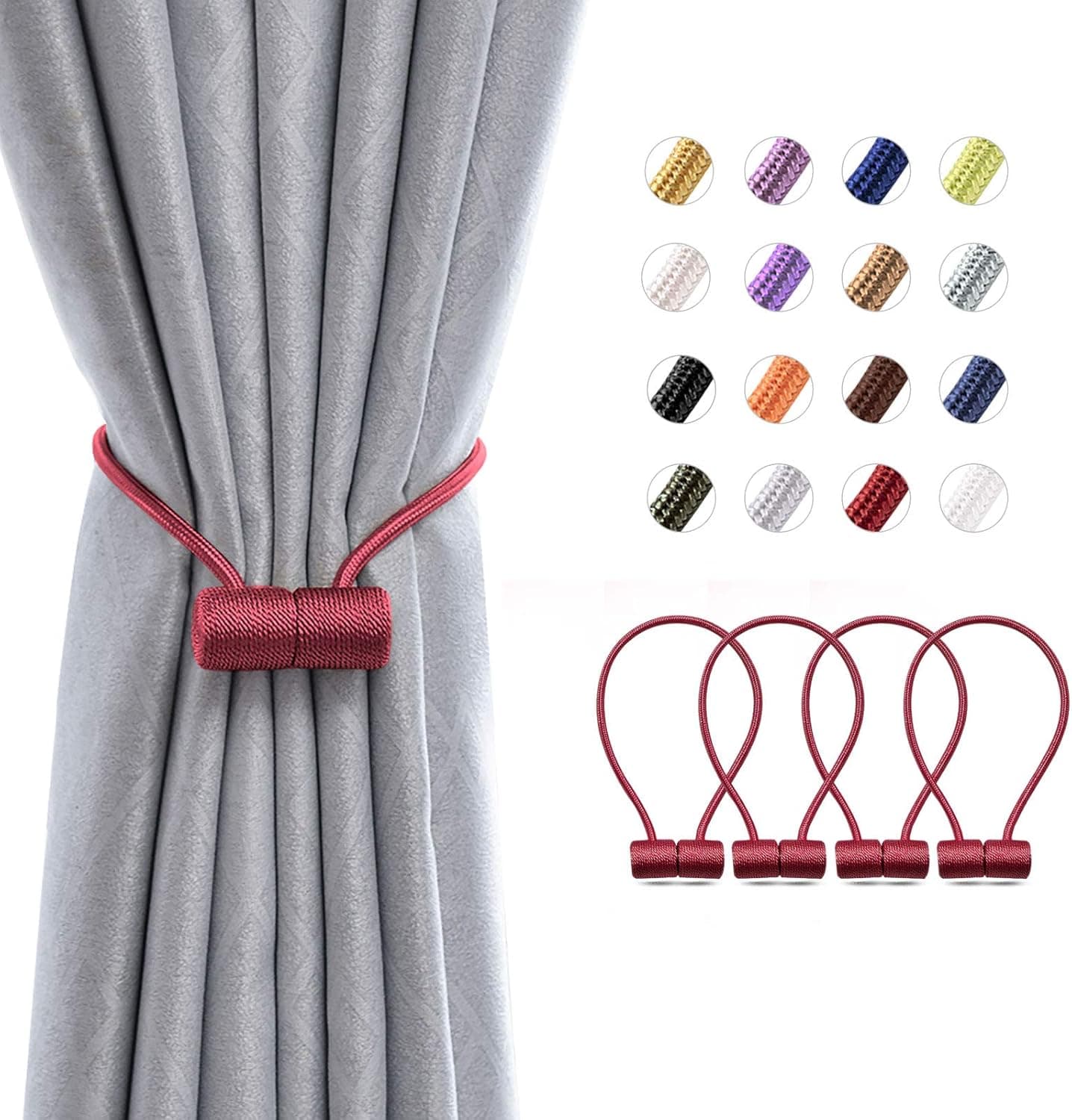 NICEEC 4 Pack Magnetic Curtain Tiebacks 16 Inch Modern Handmade Weave Rope Curtain Holdbacks Convenient Decorative Curtain Drape Tie Backs for Home and Office Window Drapery (Wine Red)