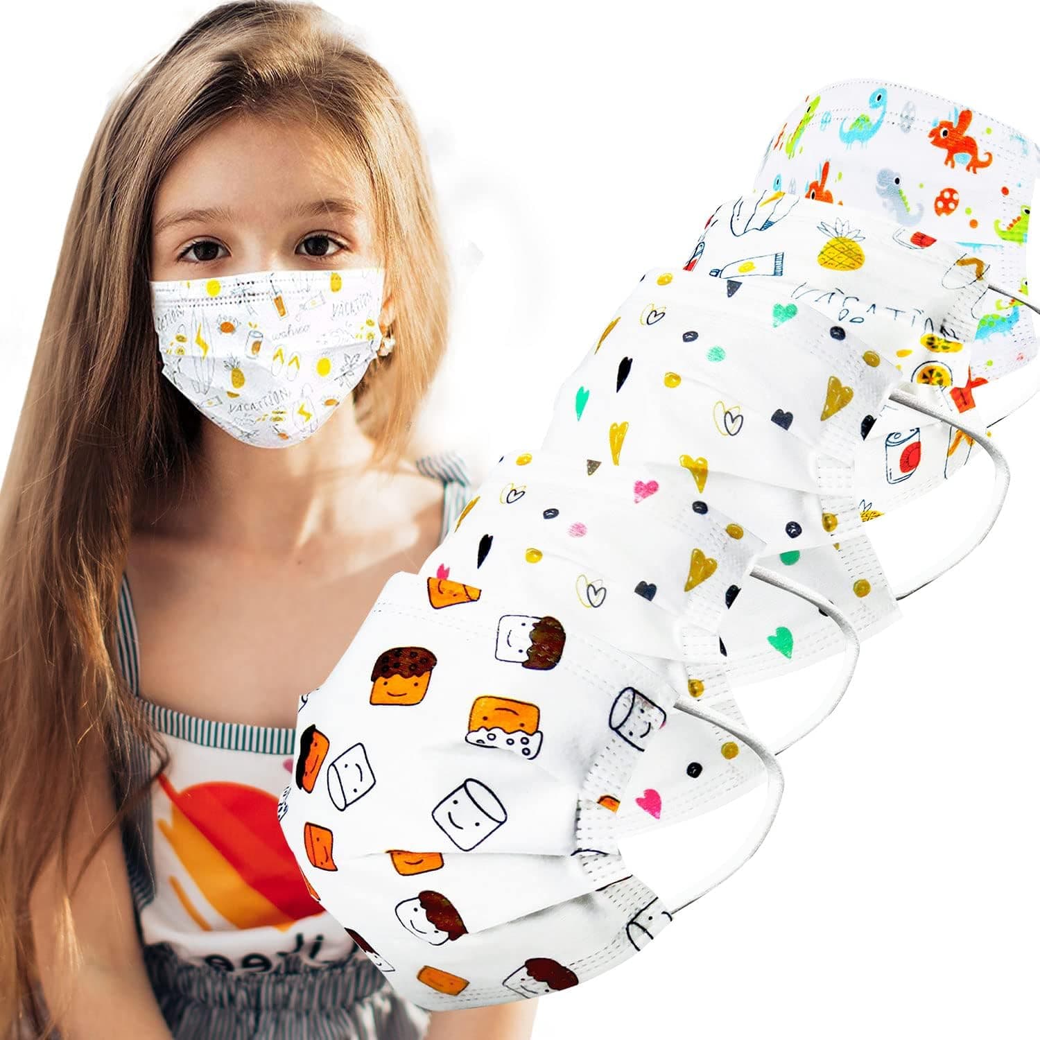 Sheal 100PCS Disposable Kids Face Masks 3-Layer Cute 5-Cartoons Pattern Design For Kids 4-12 Years Old