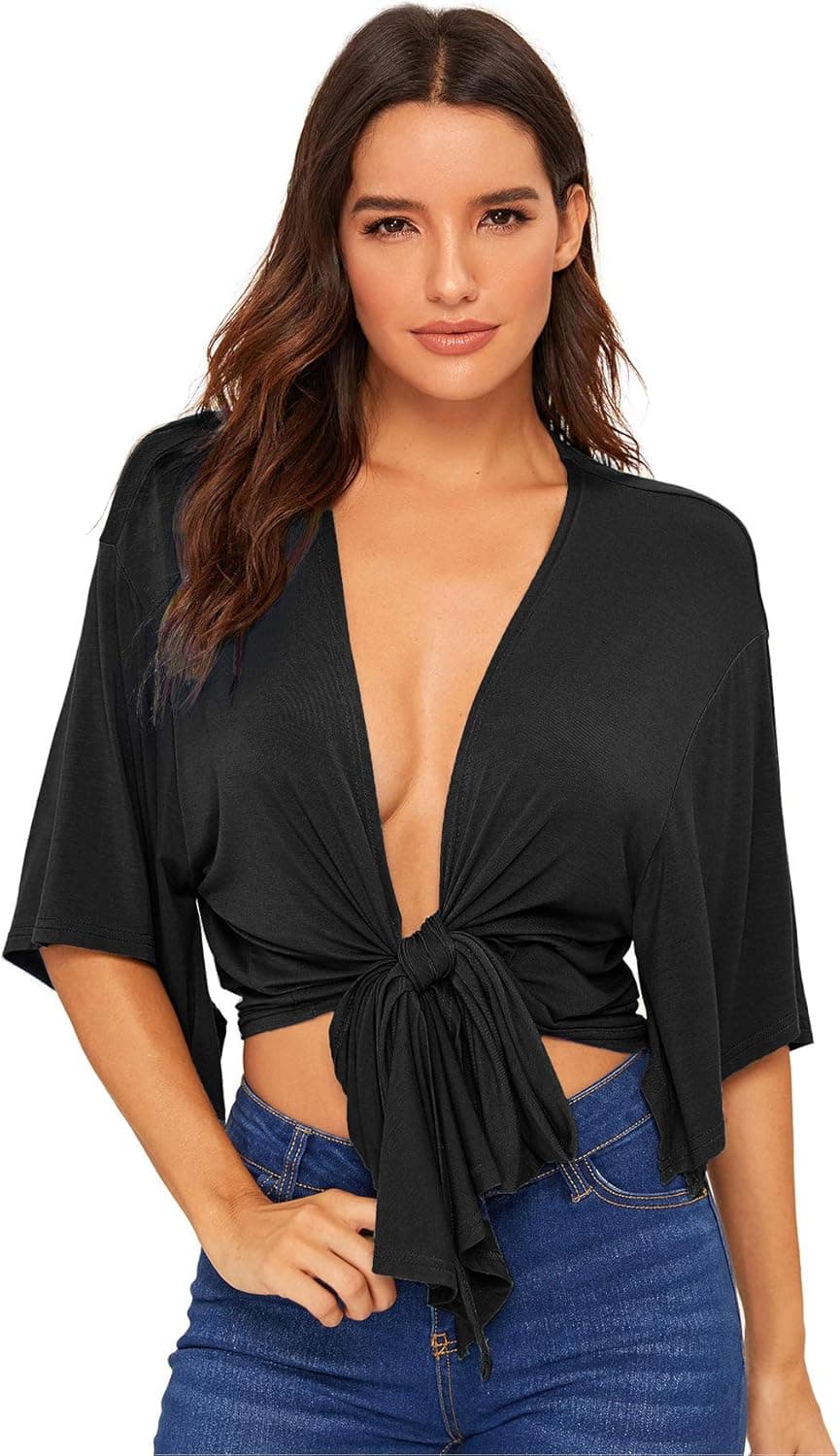 WDIRARA Women's Short Sleeve Deep V Neck Tie Front Basic Solid Crop Top