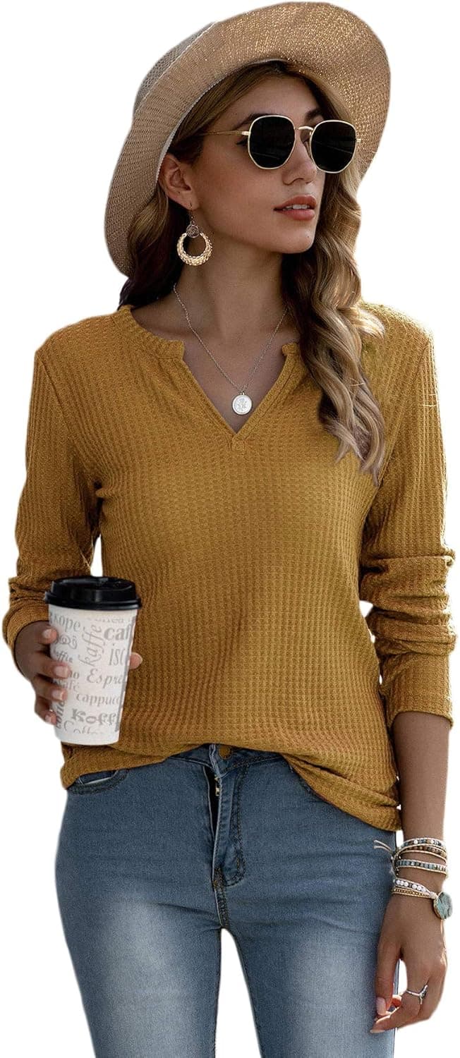 SheIn Women's Notched V Neck Long Sleeve T-Shirt Solid Waffle Knit Tee Tops Gold Medium