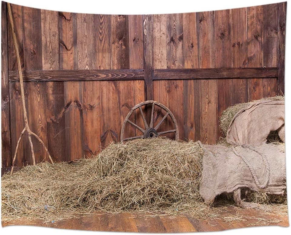 JAWO Rustic Tapestry, Hay Bale Wood Western Barn Background Cowboy Theme Rural Life Tapestries, Farmhouse Countryside Tapestry Wall Hanging for Bedroom Living Room Dorm 71X60 Inches Wall Blankets