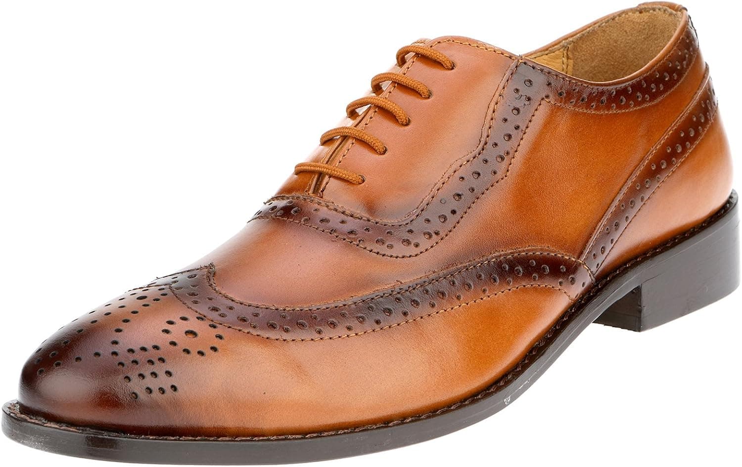 Liberty Men's Brogue Perforated/Burnished Toe Handmade Leather Wing-tip Lace up Oxford Dress Shoes Tan