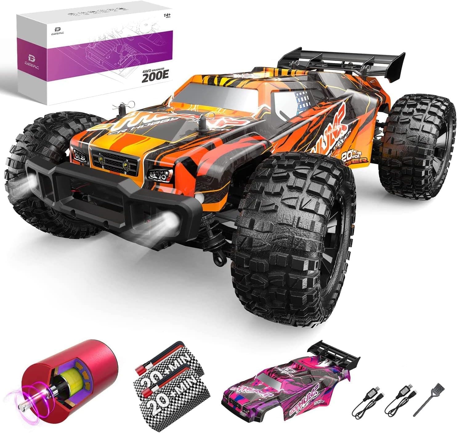 DEERC 200E Large Brushless High Speed RC Cars for Adults, 2 Car Shells, Upgraded 1:10 RC Trucks W/LED Headlight, 60 KM/H, Remote Control Car, All Terrain Offroad Monster Truck for Boys, 2 Battery