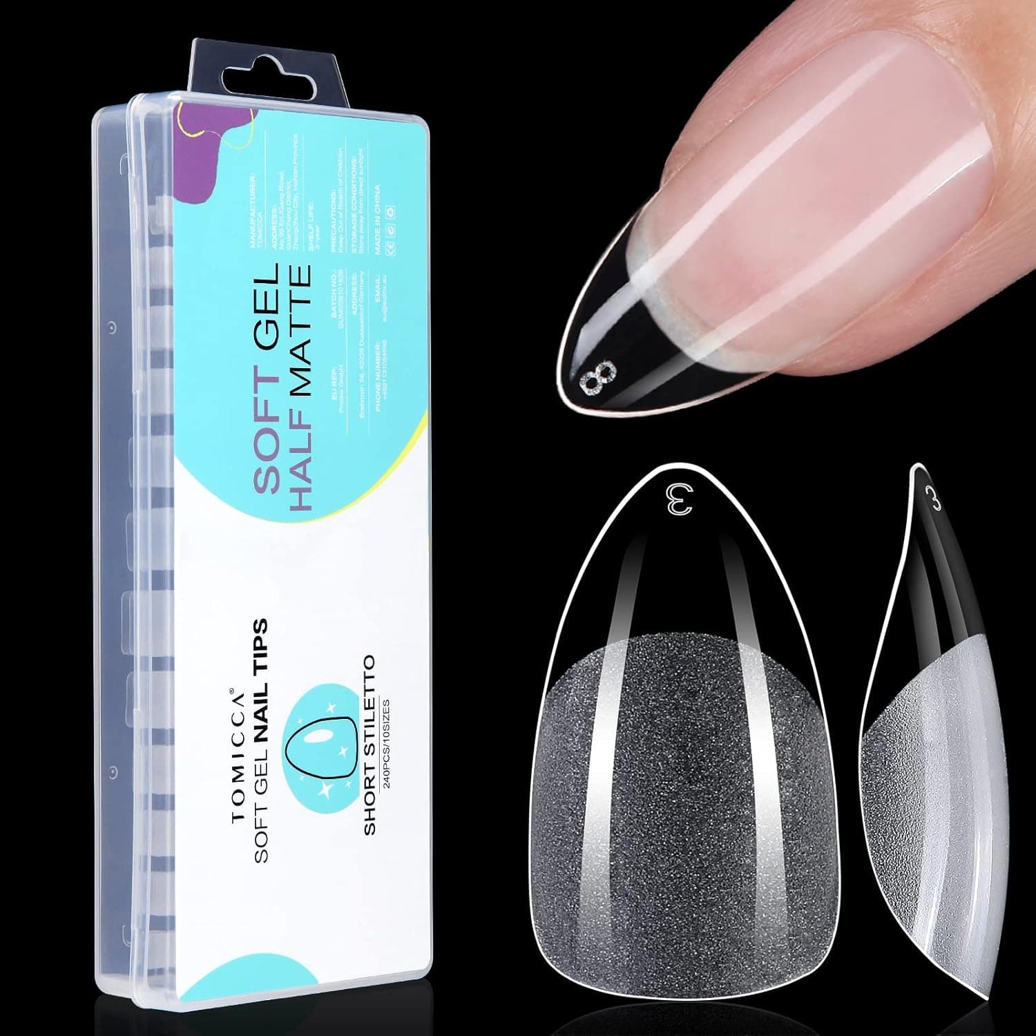 TOMICCA Short Nail Tips, 240Pcs Soft Gel Nail Tips, 10 Sizes Pre-shaped Half Matte Fake Gelly Tips, Press on Nail Acrylic False Nails for Nail Extension DIY Nail Salon