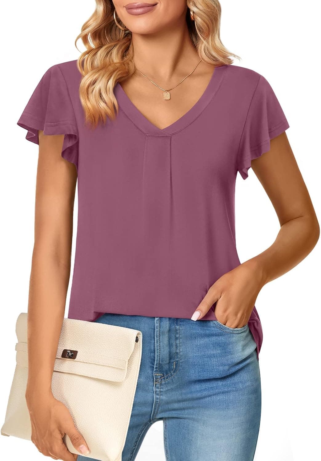 Bestbee Women's Petal Sleeve Tops V Neck Short Sleeve Shirts Cute Summer Casual T-Shirts Loose Fit Blouses