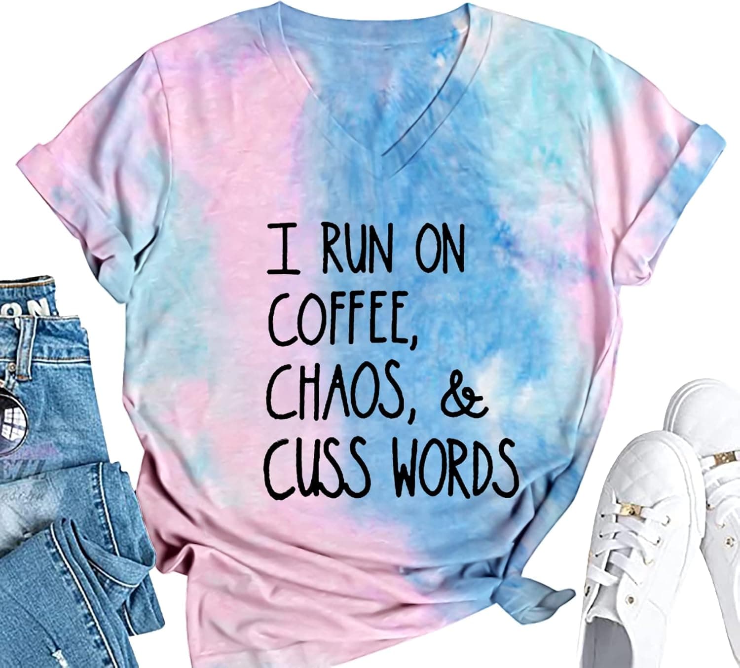 I Run On Coffee Chaos Cuss Words T Shirt Women Funny Short Sleeve T-Shirt Mom Gift