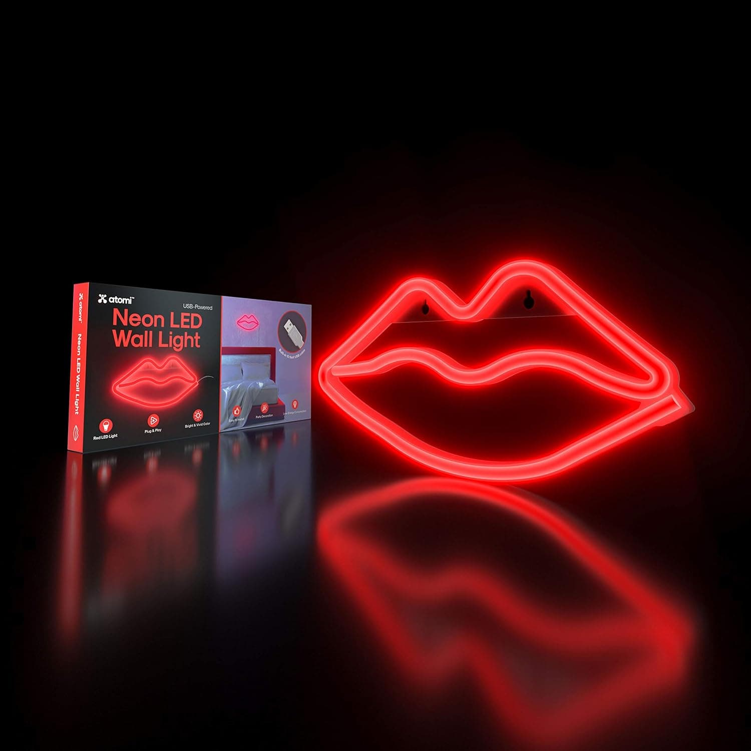 Atomi Smart Neon LED Light I Decorative Wall Art for Bedrooms, Bars & DIY Designs I USB Powered, 10 ft Cord - Red Lips
