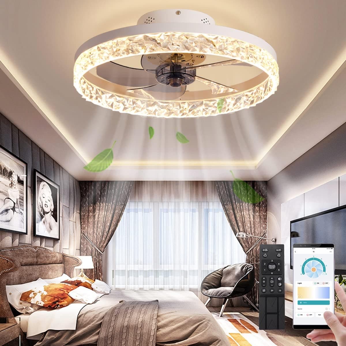 LENIVER 20" Ceiling Fan with Lights Remote Control, Flush Mount Bladeless Ceiling Fan, 3 Color 6 Speeds Low Profile Enclosed Modern Ceiling Fan for Bedroom Living Room Kitchen and Office - White