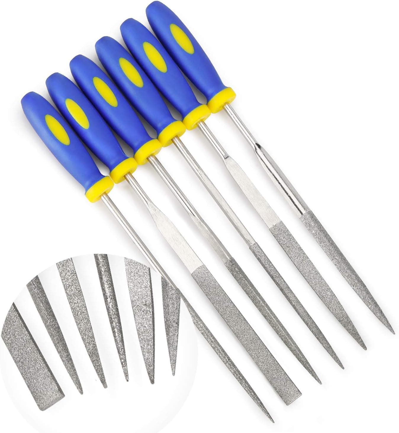 Diamond Needle File Set (6 pcs 140 Grit Precision Steel File) Hardened Alloy Strength Steel - Mini Needle File Set Includes Flat, Flat Warding, Square, Triangular, Round, and Half-Round File.