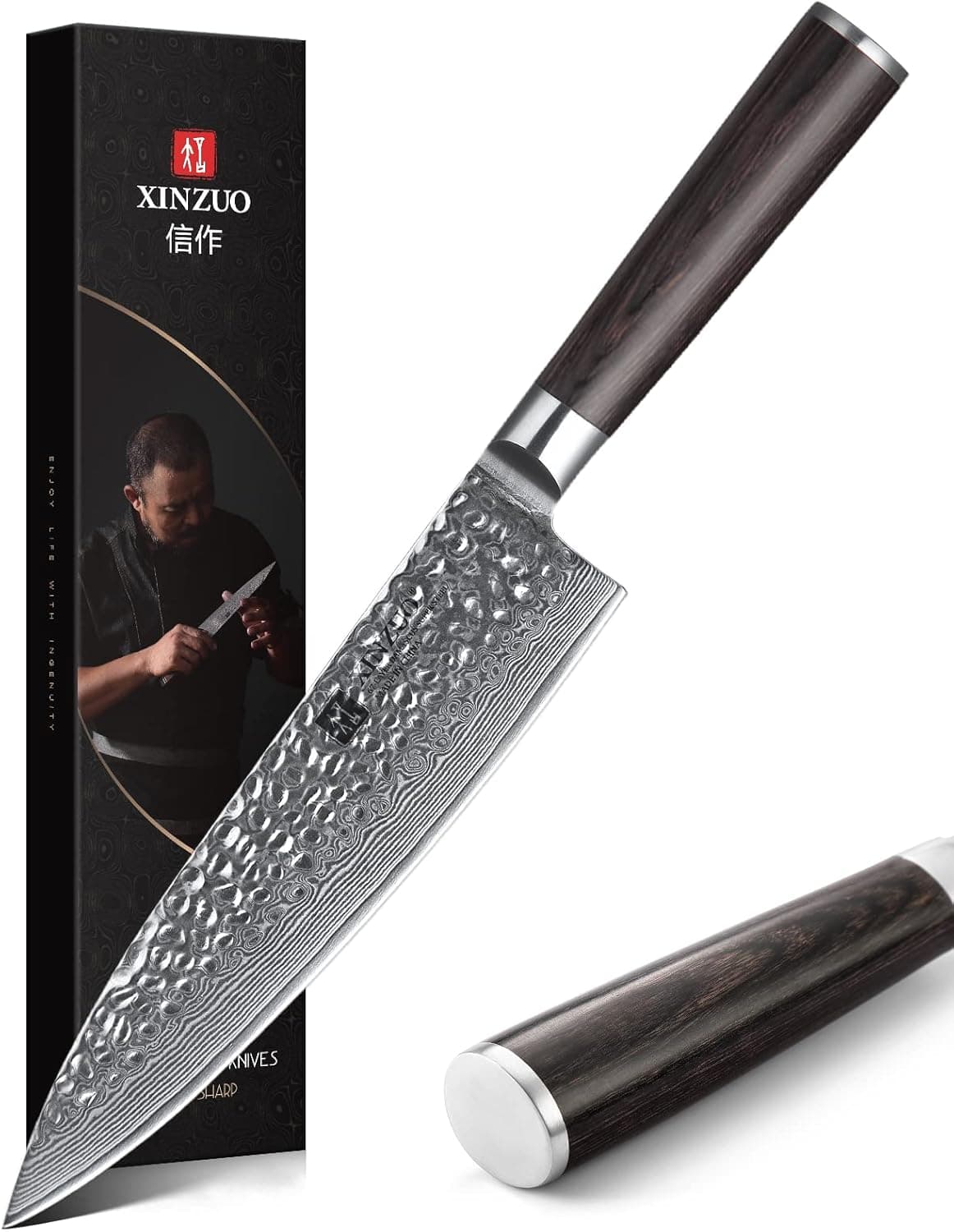 XINZUO Chef Knife 8 Inch 67 Layer Japanese VG10 Damascus Steel Kitchen Knife Hammered Finish High Carbon Japanese VG-10 Steel Professional Chef's Knives Razor Sharp with Pakkawood Handle - He Series