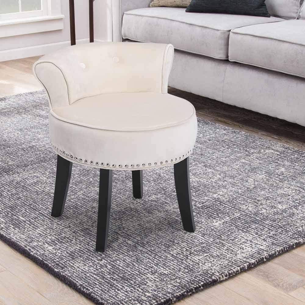 Beige Vanity Stool Chair with Roll Back for Kids Modern Velvet Makeup Dressing Table Stool Padded Bench Wood Legs for Lounge Beige