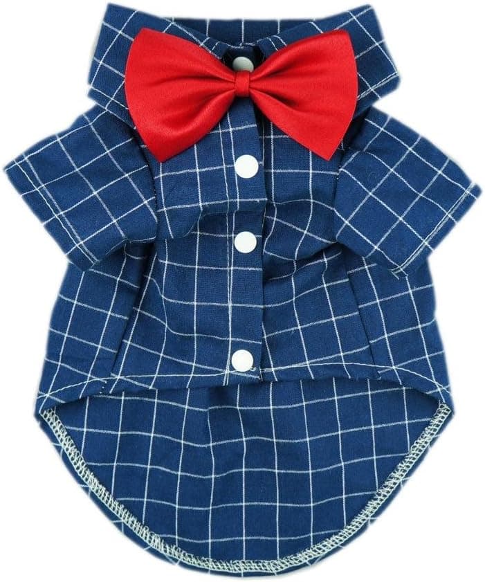 Fitwarm Gentle Formal Blue Dog Shirts for Pet Polo Clothes Apparel + Red Wedding Bow Tie, Large