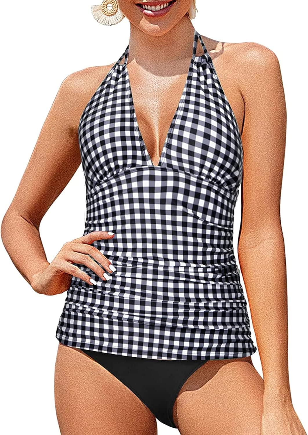 Yonique Womens Two Piece Swimsuits Tummy Control Tankini Plus Size Bathing Suit Halter V Neck Swimwear