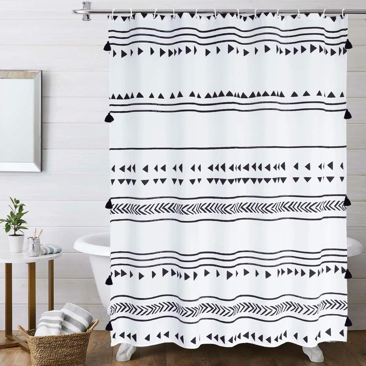 LIVEBOX Boho Shower Curtain, 60x72 Inches Black and White Fabric Tassel Triangle Stripes Geometric Shower Curtain Set with Hooks Tribal Bathroom Decor Accessories Heavy Weighted and Waterproof