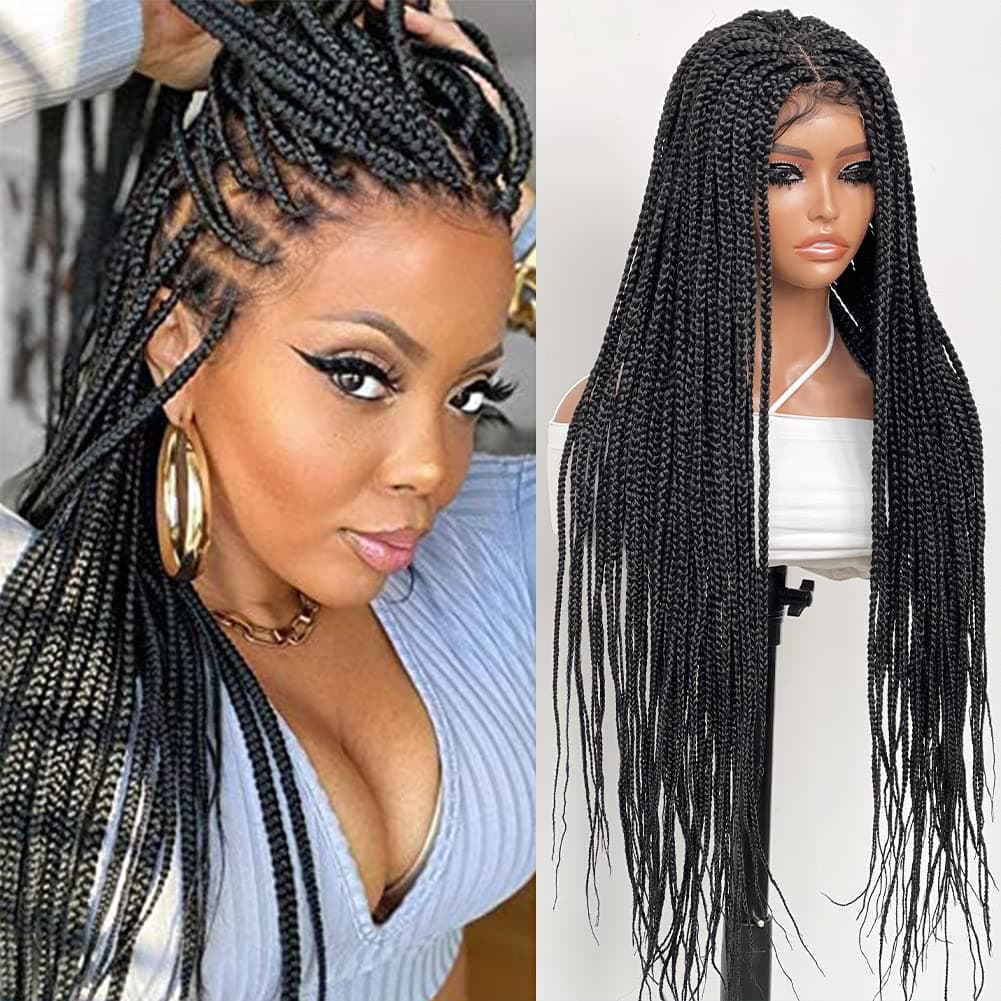 Estilar 30'' Box Braided Wigs Knotless Braided Wigs for Black Women Hand Braided 4x4 Lace Long Box Braided Wigs with Baby Hair Synthetic Lace Wig Cornrow Twisted Braided Wigs Natural Black (30 Inch)