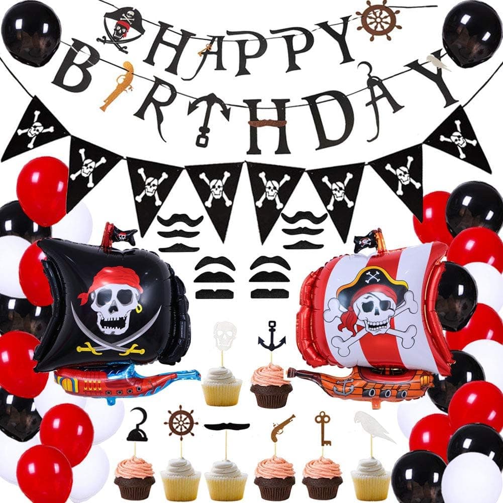 Pirate Birthday Party Decorations for Kids Pirate Theme Party Supplies Birthday Party Baby Shower Pirate Happy Birthday Banner Pirate Balloons Mustaches Cupcake Toppers for Boys Children 1st 2nd 3rd 4th Birthday Supplies