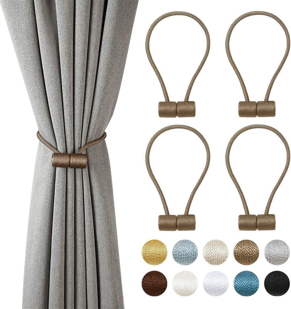 BCURTAIN Magnetic Curtain Tiebacks with Strong Braided Rope with Modern Style Window Decoration,Suitable for Various Curtains of Home and Office,Light Coffee,2 Pairs
