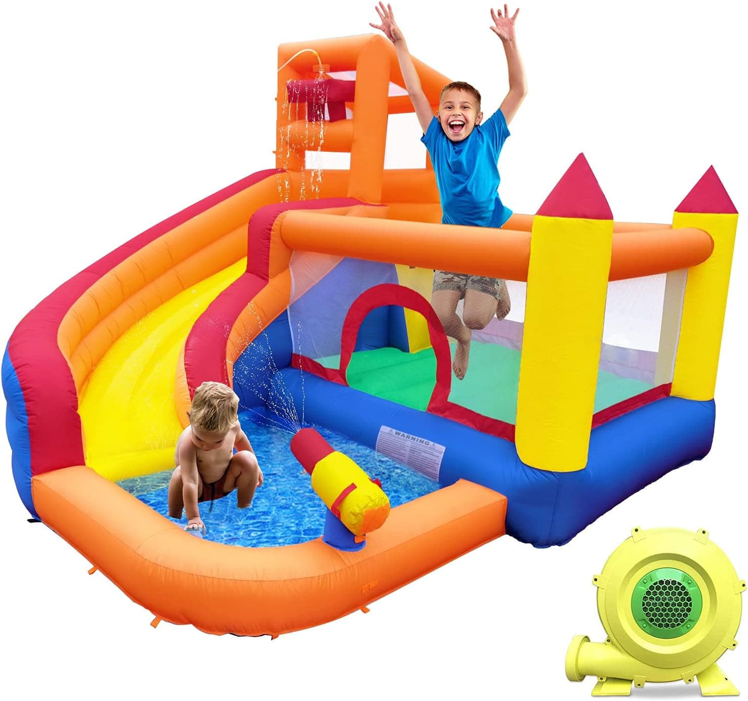 HuaKastro Inflatable Bounce House Water Slide with Blower, 5 in 1 Backyard Water Park W/Climbing Wall, Splash Pool, Jumping Castle, Water Slide, Cannon, Bucket Dump for Indoor Outdoor Parties