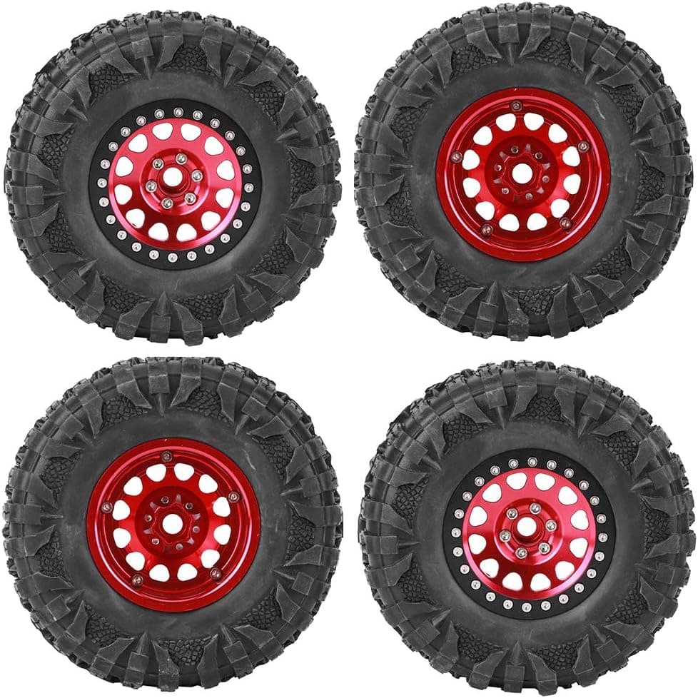 4pcs RC Tire, 1/10 Truck Rubber Tires RC Wheel Tyres Metal Wheel Hub Accessory Fit for 1/10 RC Car 2.2 Inch(Red) Crawler Rims 1.9