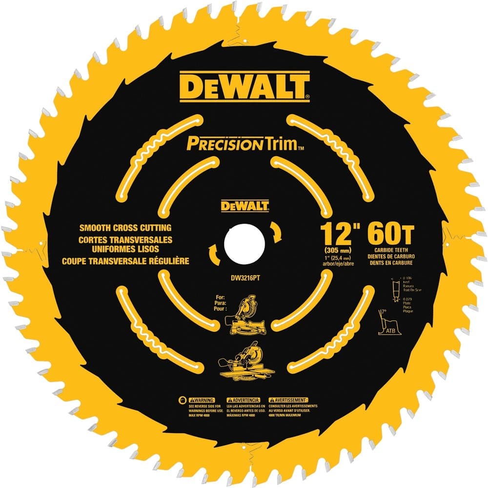 DEWALT 12-Inch Miter Saw Blade, Precision Trim, ATB, Crosscutting, 1-Inch Arbor, Tough Coat Finish, 60-Tooth (DW3216PT)