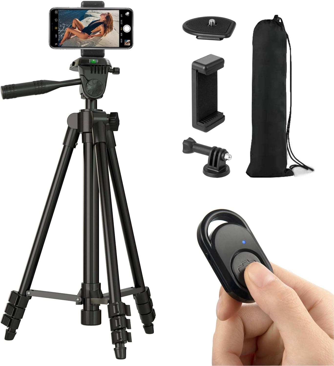 Polarduck Camera Mount Phone Tripod Stand: 42-Inch 106cm Lightweight Travel Tripod for iPhone with Remote & Phone Holder & GoPro Adapter Compatible with iPhone & Android Cell Phone | Matte Black
