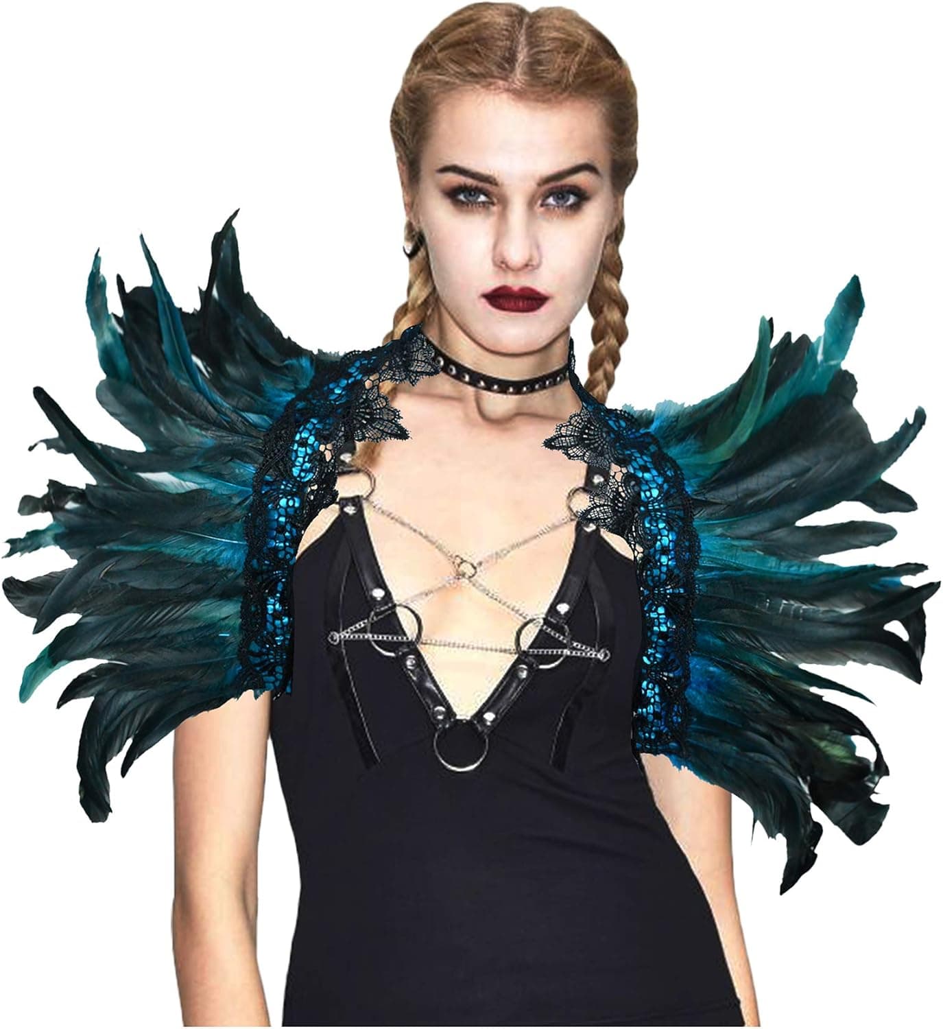 L'VOW Gothic Natural Feather Cape Shawl Shoulder Wrap Lace Collar Halloween Maleficent Costumes for Women