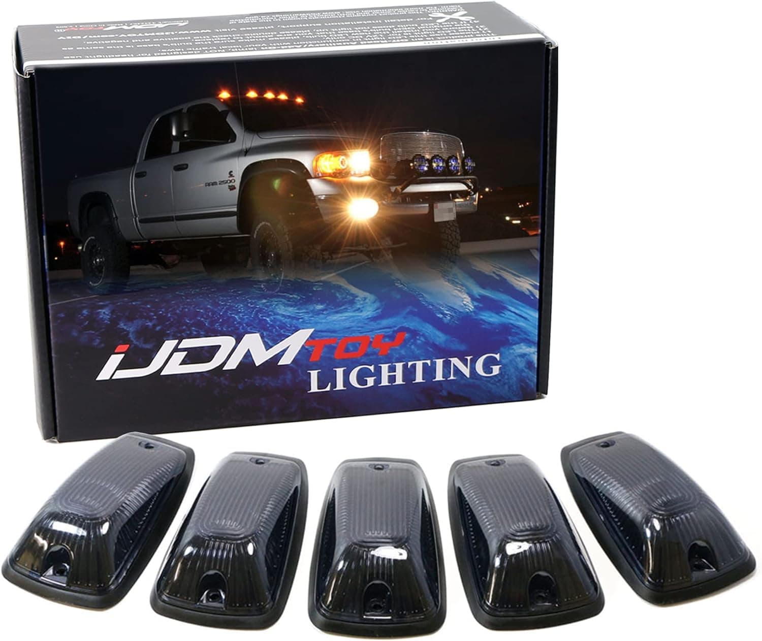 iJDMTOY Smoked Lens Amber LED Cab Roof Marker Running Lamps Compatible With Truck 4x4 SUV, 5-Piece Aerodynamic Low Profile Roof Running Light Set